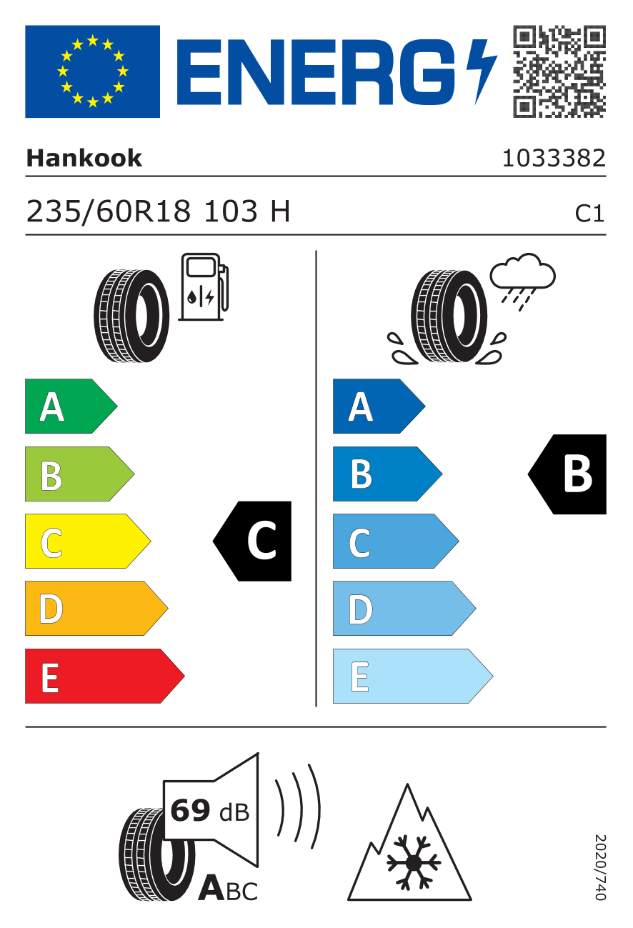 Oficjalna etykieta UE opony Hankook IW01A Winter I'cept Ion A 235/60 R18 103H (EPREL 1498315)