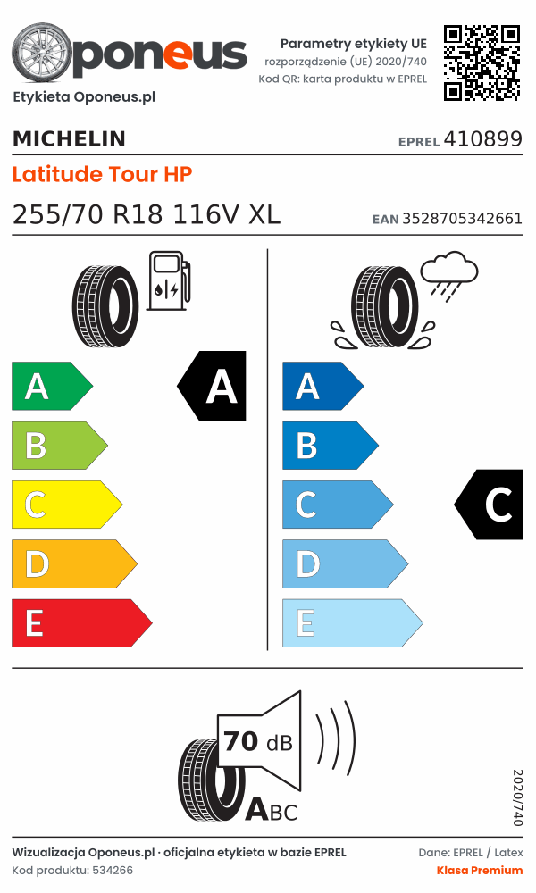 Parametry etykiety UE opony Michelin Latitude Tour HP 255/70 R18 116V XL: efektywność paliwowa A, przyczepność na mokrej nawierzchni C, hałas 70 dB (klasa A)