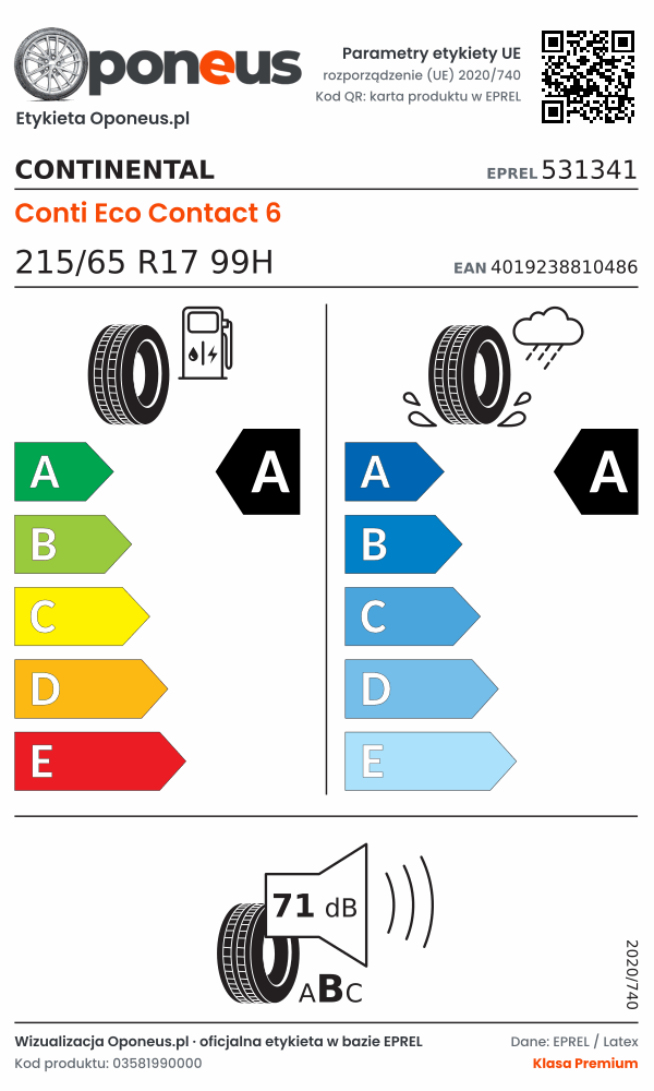 Parametry etykiety UE opony Continental Conti Eco Contact 6 215/65 R17 99H: efektywność paliwowa A, przyczepność na mokrej nawierzchni A, hałas 71 dB (klasa B)