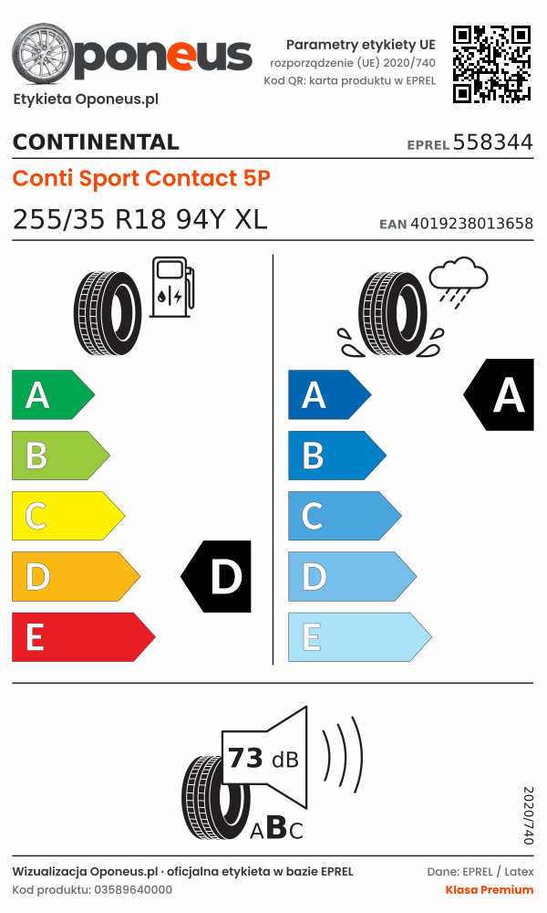 Parametry etykiety UE opony Continental Conti Sport Contact 5P 255/35 R18 94Y XL: efektywność paliwowa D, przyczepność na mokrej nawierzchni A, hałas 73 dB (klasa B)