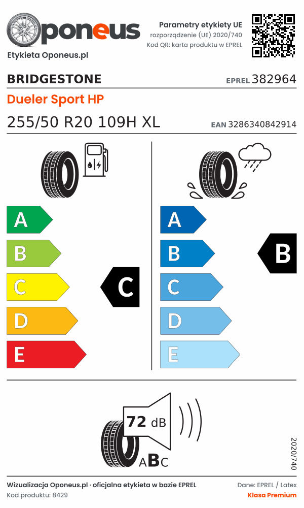 Parametry etykiety UE opony Bridgestone Dueler Sport HP 255/50 R20 109H XL: efektywność paliwowa C, przyczepność na mokrej nawierzchni B, hałas 72 dB (klasa B)
