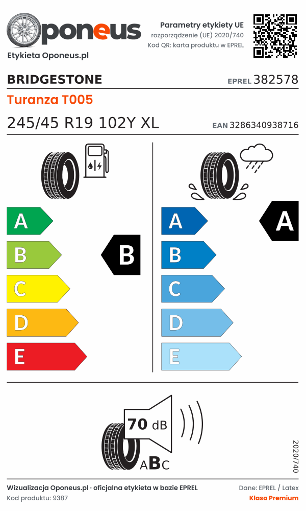 Parametry etykiety UE opony Bridgestone Turanza T005 245/45 R19 102Y XL: efektywność paliwowa B, przyczepność na mokrej nawierzchni A, hałas 70 dB (klasa B)