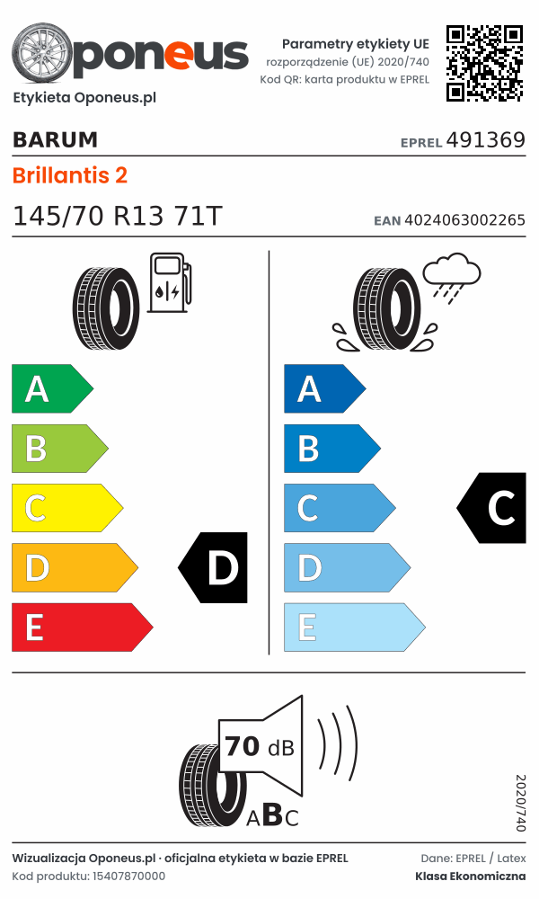 Parametry etykiety UE opony Barum Brillantis 2 145/70 R13 71T: efektywność paliwowa D, przyczepność na mokrej nawierzchni C, hałas 70 dB (klasa B)