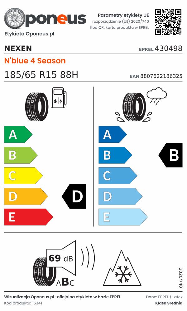 Parametry etykiety UE opony Nexen N'blue 4 Season 185/65 R15 88H: efektywność paliwowa D, przyczepność na mokrej nawierzchni B, hałas 69 dB (klasa B), 3PMSF