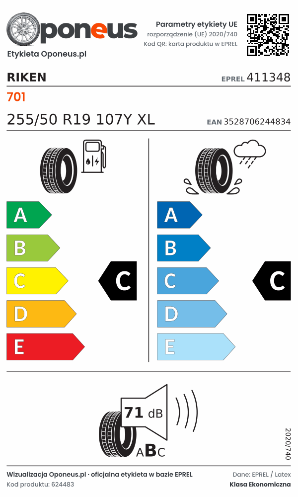 Parametry etykiety UE opony Riken 701 255/50 R19 107Y XL: efektywność paliwowa C, przyczepność na mokrej nawierzchni C, hałas 71 dB (klasa B)