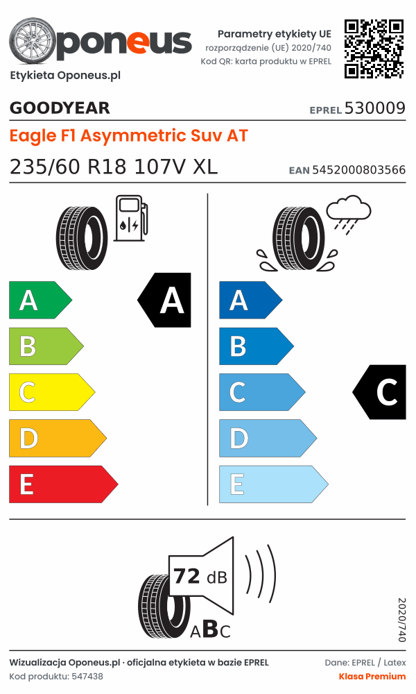 Parametry etykiety UE opony Goodyear Eagle F1 Asymmetric Suv AT 235/60 R18 107V XL: efektywność paliwowa A, przyczepność na mokrej nawierzchni C, hałas 72 dB (klasa B)