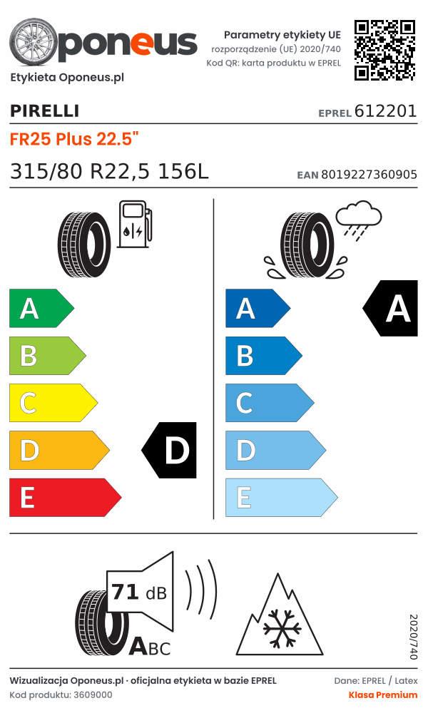 Parametry etykiety UE opony Pirelli FR25 Plus 22.5" 315/80 R22,5 156L: efektywność paliwowa D, przyczepność na mokrej nawierzchni A, hałas 71 dB (klasa A), 3PMSF