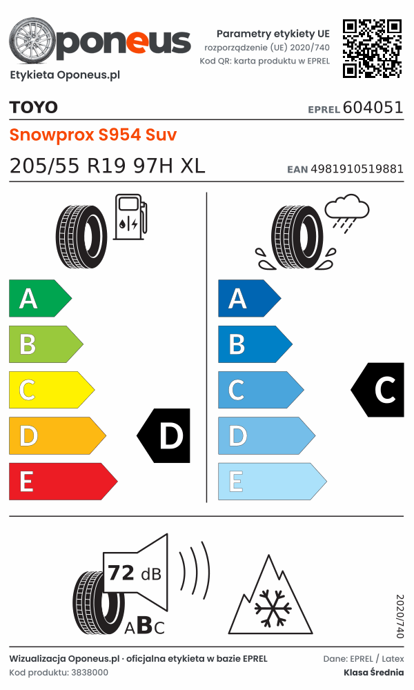 Parametry etykiety UE opony Toyo Snowprox S954 Suv 205/55 R19 97H XL: efektywność paliwowa D, przyczepność na mokrej nawierzchni C, hałas 72 dB (klasa B), 3PMSF