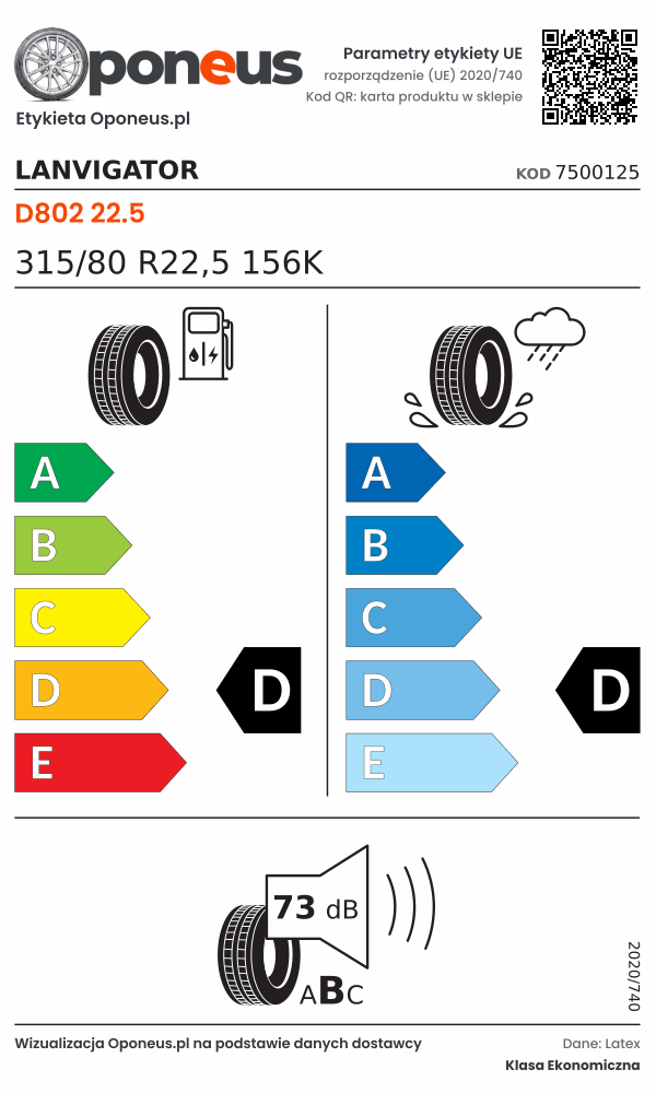 Parametry etykiety UE opony Lanvigator D802 22.5 315/80 R22,5 156K: efektywność paliwowa D, przyczepność na mokrej nawierzchni D, hałas 73 dB (klasa B)