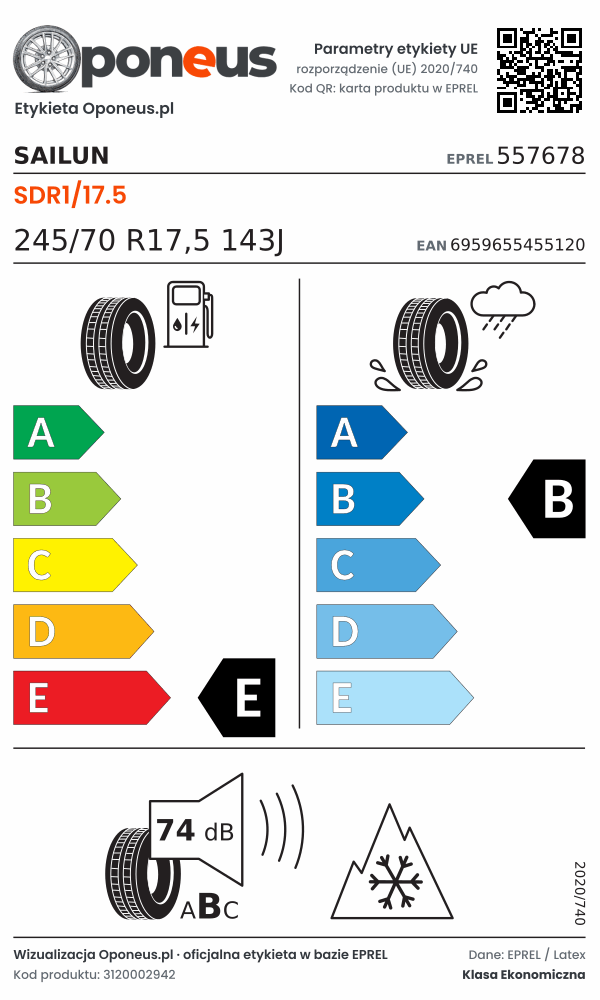 Parametry etykiety UE opony Sailun SDR1/17.5 245/70 R17,5 143J: efektywność paliwowa E, przyczepność na mokrej nawierzchni B, hałas 74 dB (klasa B), 3PMSF