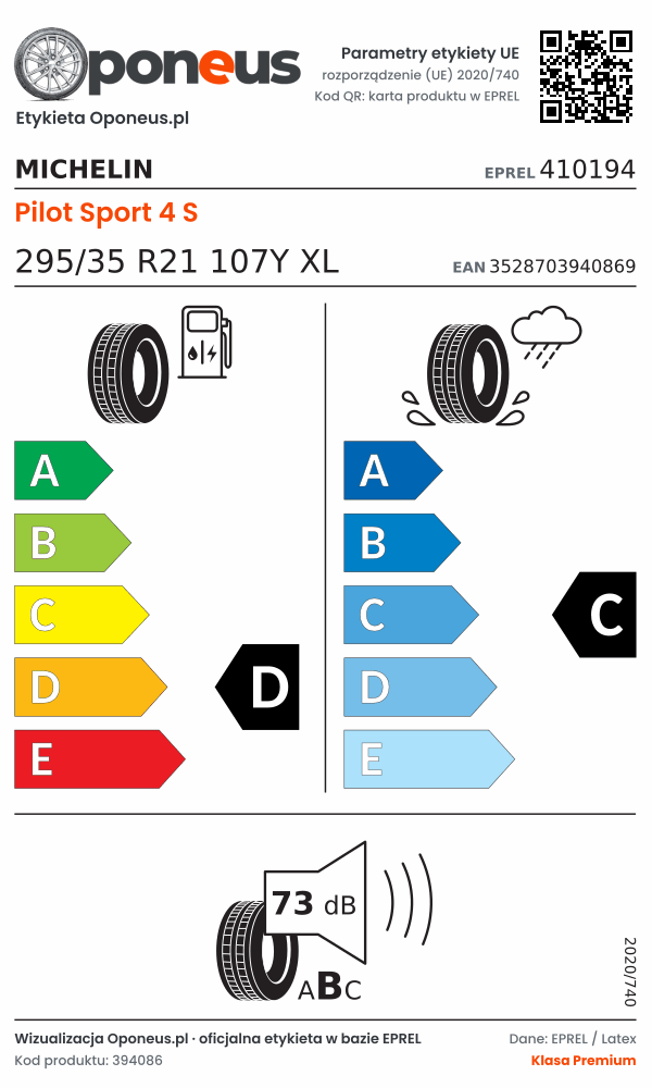 Parametry etykiety UE opony Michelin Pilot Sport 4 S 295/35 R21 107Y XL: efektywność paliwowa D, przyczepność na mokrej nawierzchni C, hałas 73 dB (klasa B)