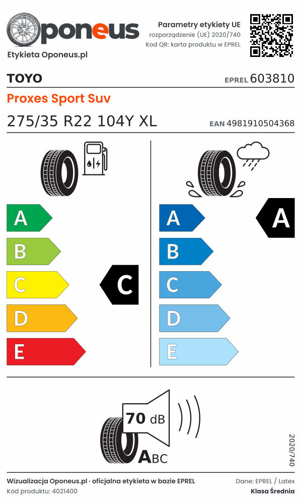 Parametry etykiety UE opony Toyo Proxes Sport Suv 275/35 R22 104Y XL: efektywność paliwowa C, przyczepność na mokrej nawierzchni A, hałas 70 dB (klasa A)