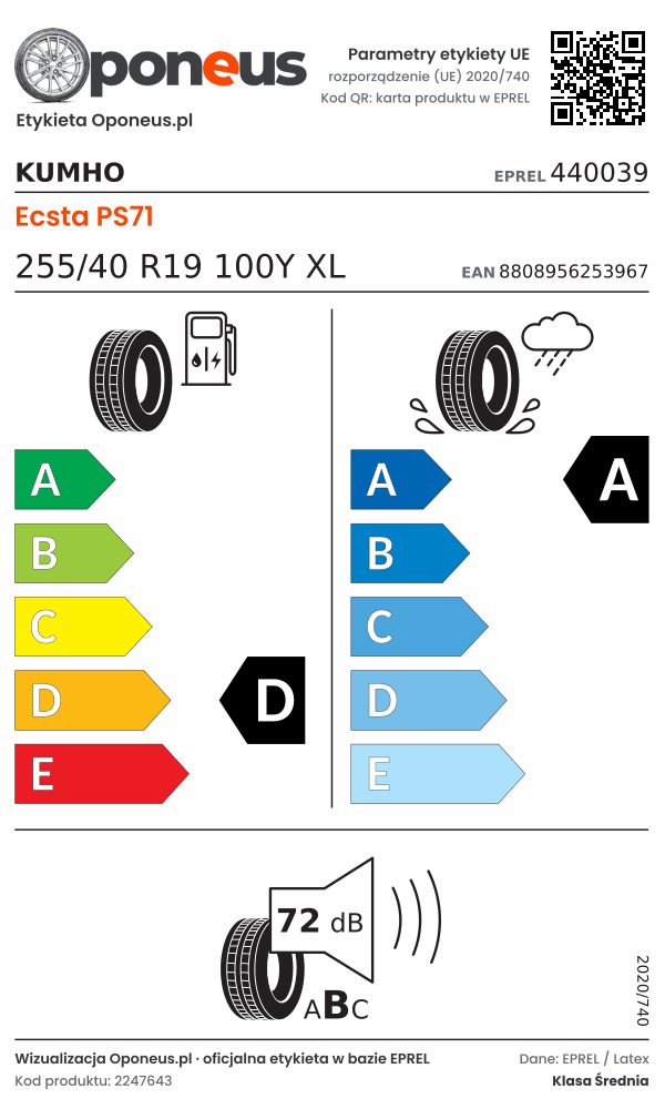 Parametry etykiety UE opony Kumho Ecsta PS71 255/40 R19 100Y XL: efektywność paliwowa D, przyczepność na mokrej nawierzchni A, hałas 72 dB (klasa B)