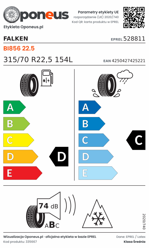 Parametry etykiety UE opony Falken BI856 22.5 315/70 R22,5 154L: efektywność paliwowa D, przyczepność na mokrej nawierzchni C, hałas 74 dB (klasa B), 3PMSF