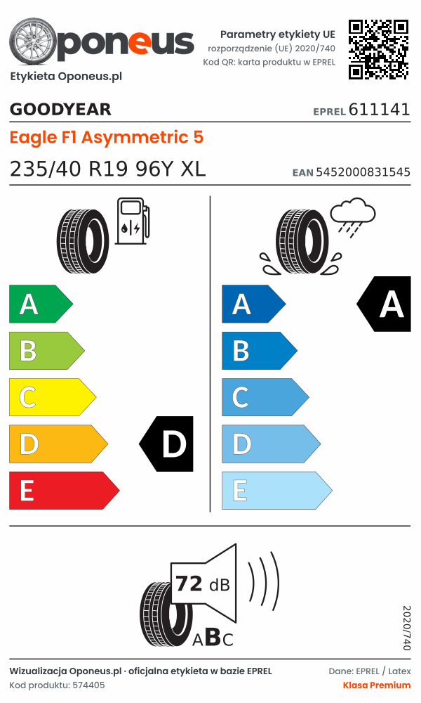 Parametry etykiety UE opony Goodyear Eagle F1 Asymmetric 5 235/40 R19 96Y XL: efektywność paliwowa D, przyczepność na mokrej nawierzchni A, hałas 72 dB (klasa B)
