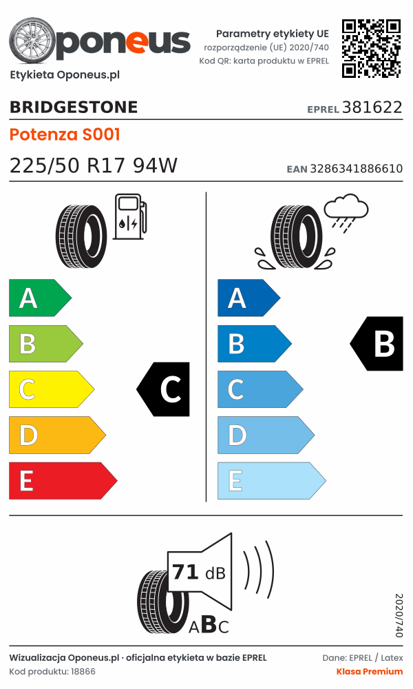 Parametry etykiety UE opony Bridgestone Potenza S001 225/50 R17 94W: efektywność paliwowa C, przyczepność na mokrej nawierzchni B, hałas 71 dB (klasa B)
