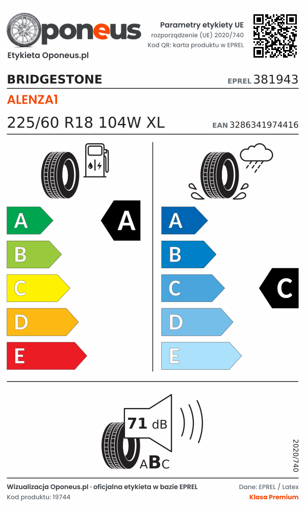 Parametry etykiety UE opony Bridgestone ALENZA1 225/60 R18 104W XL: efektywność paliwowa A, przyczepność na mokrej nawierzchni C, hałas 71 dB (klasa B)