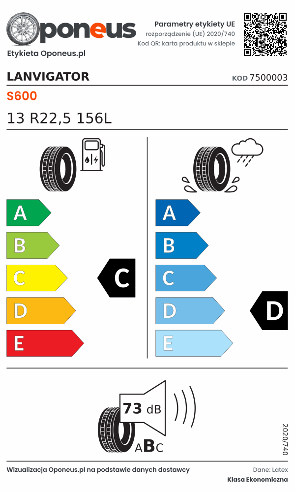 Parametry etykiety UE opony Lanvigator S600 13 R22,5 156L: efektywność paliwowa C, przyczepność na mokrej nawierzchni D, hałas 73 dB (klasa B)
