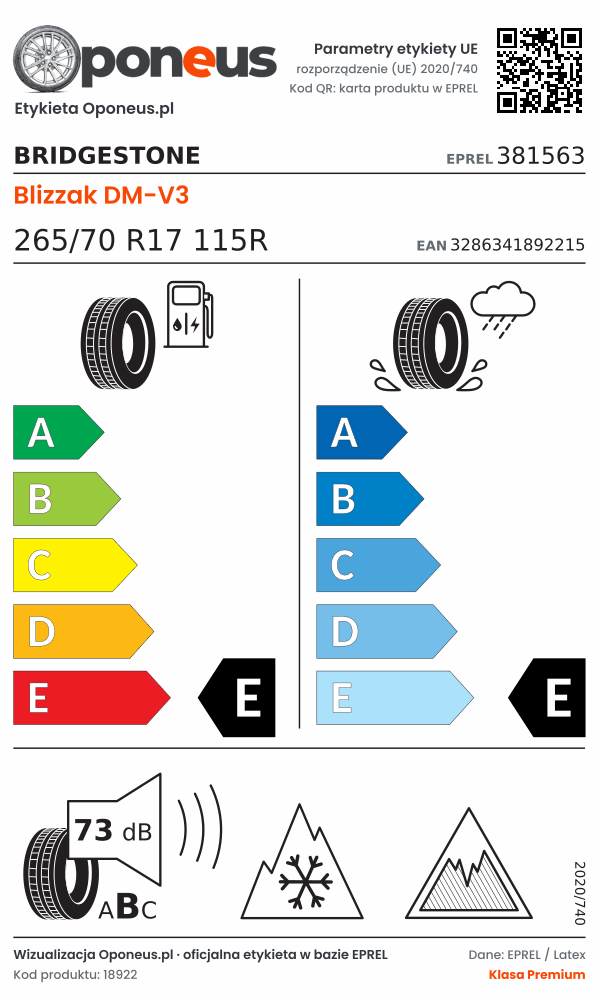 Parametry etykiety UE opony Bridgestone Blizzak DM-V3 265/70 R17 115R: efektywność paliwowa E, przyczepność na mokrej nawierzchni E, hałas 73 dB (klasa B), 3PMSF, przyczepność na lodzie