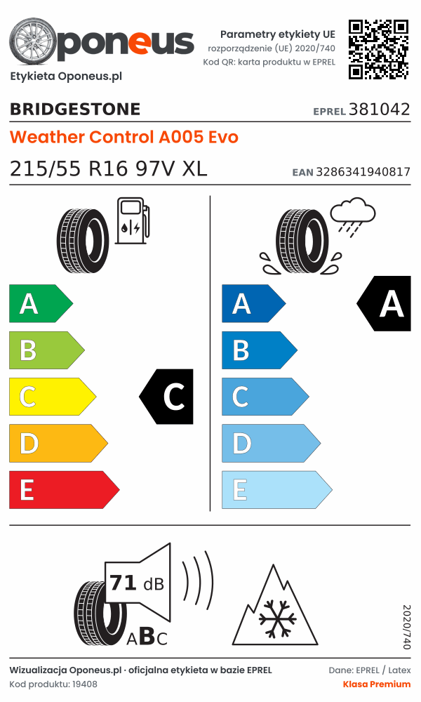 Parametry etykiety UE opony Bridgestone Weather Control A005 Evo 215/55 R16 97V XL: efektywność paliwowa C, przyczepność na mokrej nawierzchni A, hałas 71 dB (klasa B), 3PMSF