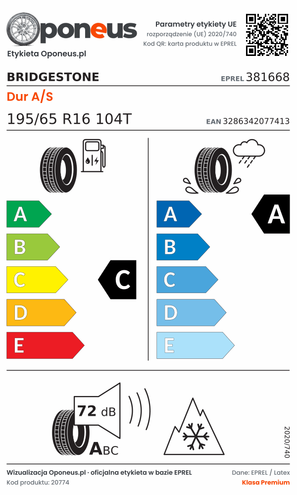 Parametry etykiety UE opony Bridgestone Dur A/S 195/65 R16 104T: efektywność paliwowa C, przyczepność na mokrej nawierzchni A, hałas 72 dB (klasa A), 3PMSF