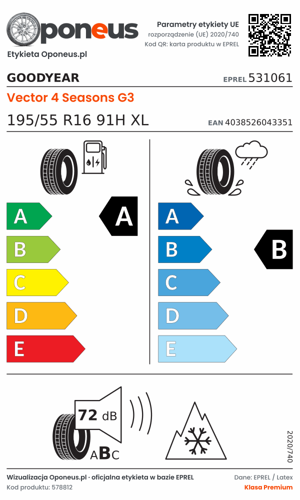 Parametry etykiety UE opony Goodyear Vector 4 Seasons G3 195/55 R16 91H XL: efektywność paliwowa A, przyczepność na mokrej nawierzchni B, hałas 72 dB (klasa B), 3PMSF
