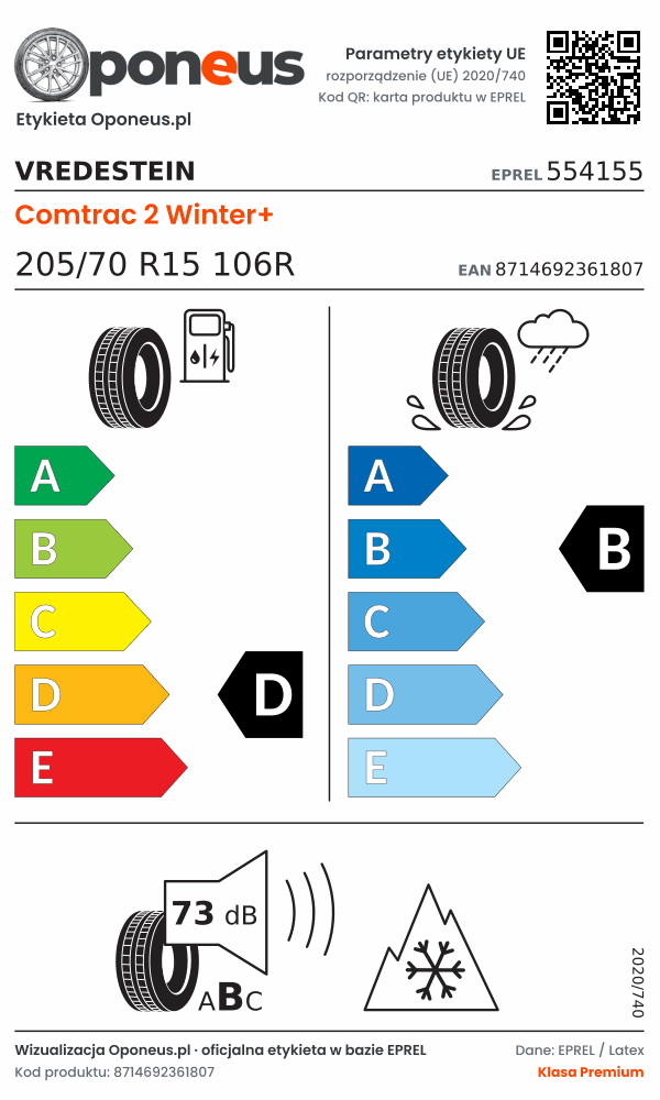Parametry etykiety UE opony Vredestein Comtrac 2 Winter+ 205/70 R15 106R: efektywność paliwowa D, przyczepność na mokrej nawierzchni B, hałas 73 dB (klasa B), 3PMSF