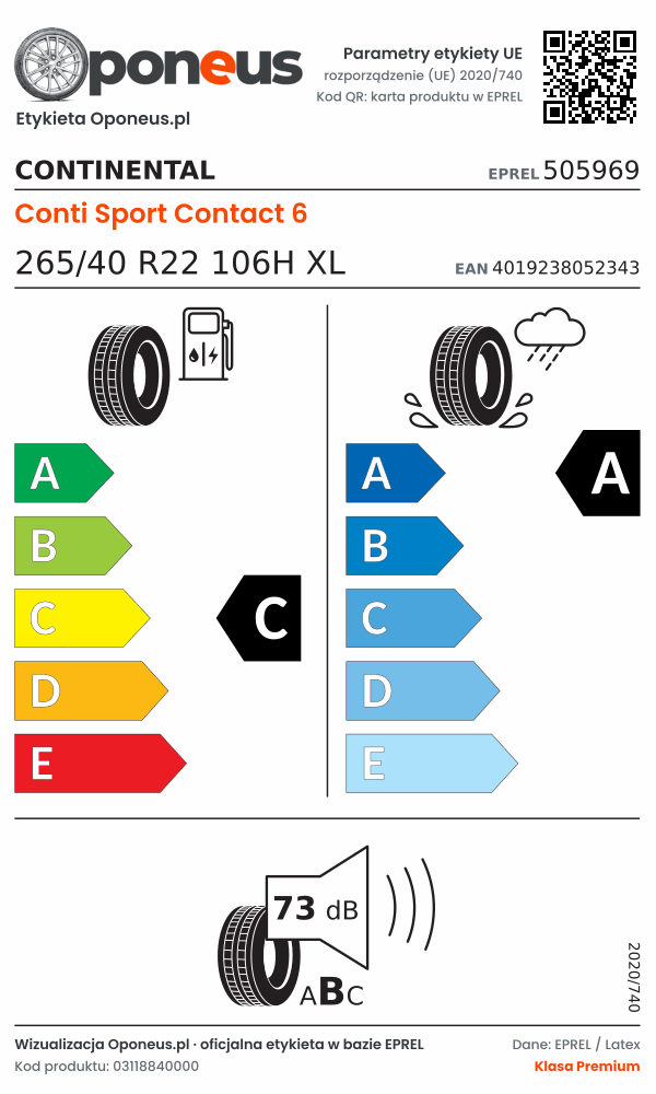 Parametry etykiety UE opony Continental Conti Sport Contact 6 265/40 R22 106H XL: efektywność paliwowa C, przyczepność na mokrej nawierzchni A, hałas 73 dB (klasa B)