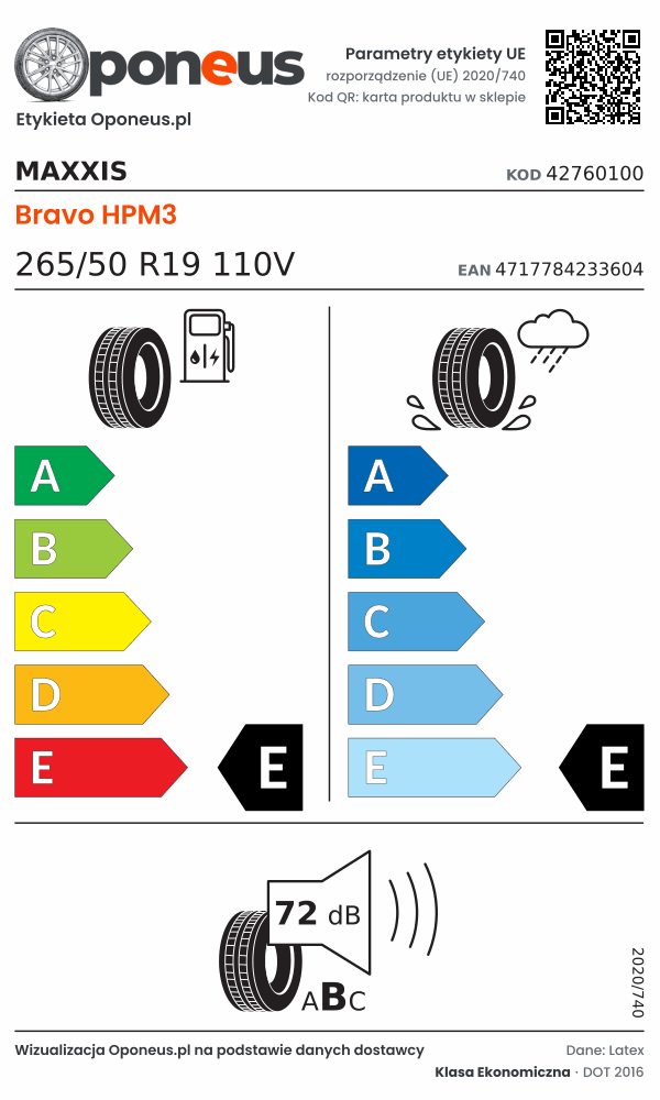 Parametry etykiety UE opony Maxxis Bravo HPM3 265/50 R19 110V: efektywność paliwowa E, przyczepność na mokrej nawierzchni E, hałas 72 dB (klasa B)