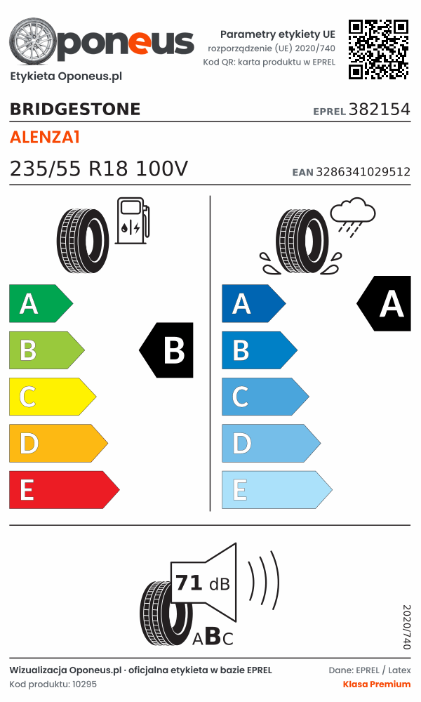 Parametry etykiety UE opony Bridgestone ALENZA1 235/55 R18 100V: efektywność paliwowa B, przyczepność na mokrej nawierzchni A, hałas 71 dB (klasa B)