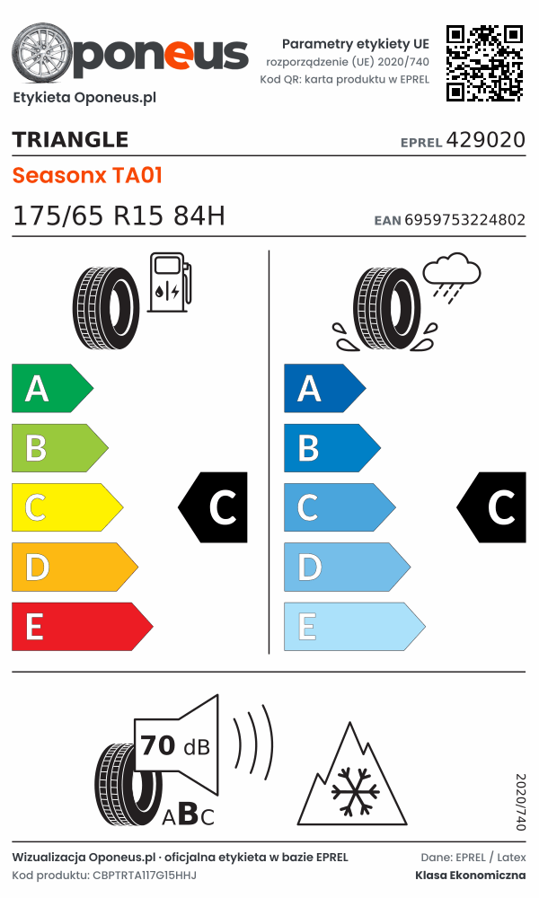 Parametry etykiety UE opony Triangle Seasonx TA01 175/65 R15 84H: efektywność paliwowa C, przyczepność na mokrej nawierzchni C, hałas 70 dB (klasa B), 3PMSF
