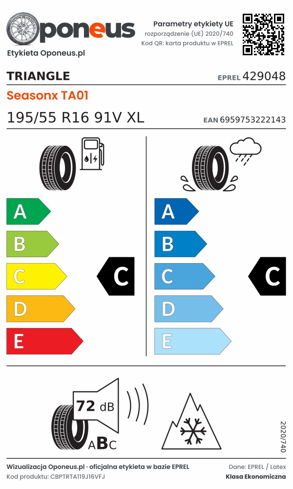 Parametry etykiety UE opony Triangle Seasonx TA01 195/55 R16 91V XL: efektywność paliwowa C, przyczepność na mokrej nawierzchni C, hałas 72 dB (klasa B), 3PMSF