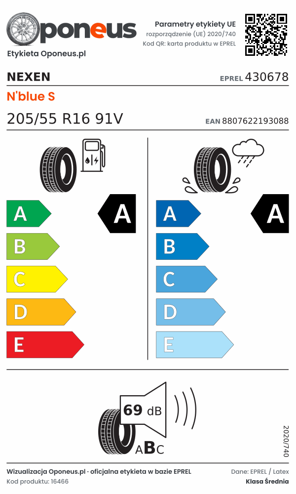 Parametry etykiety UE opony Nexen N'blue S 205/55 R16 91V: efektywność paliwowa A, przyczepność na mokrej nawierzchni A, hałas 69 dB (klasa B)