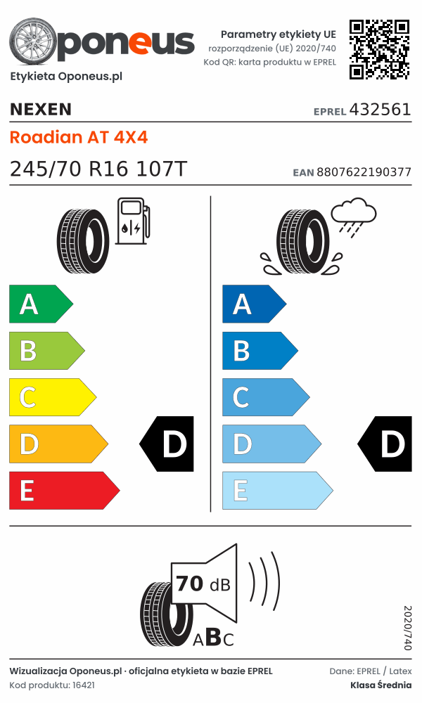 Parametry etykiety UE opony Nexen Roadian AT 4X4 245/70 R16 107T: efektywność paliwowa D, przyczepność na mokrej nawierzchni D, hałas 70 dB (klasa B)