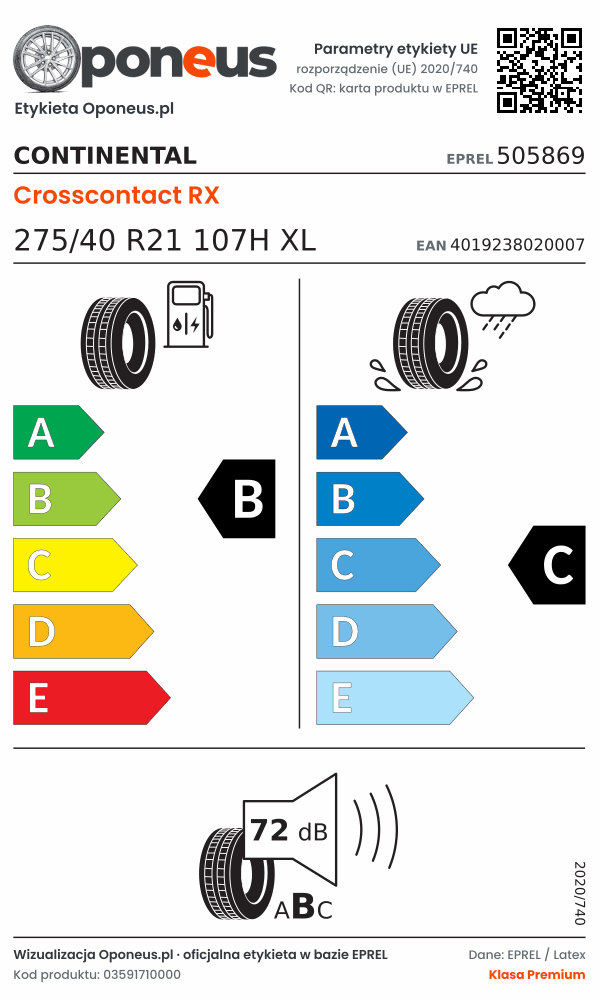 Parametry etykiety UE opony Continental Crosscontact RX 275/40 R21 107H XL: efektywność paliwowa B, przyczepność na mokrej nawierzchni C, hałas 72 dB (klasa B)