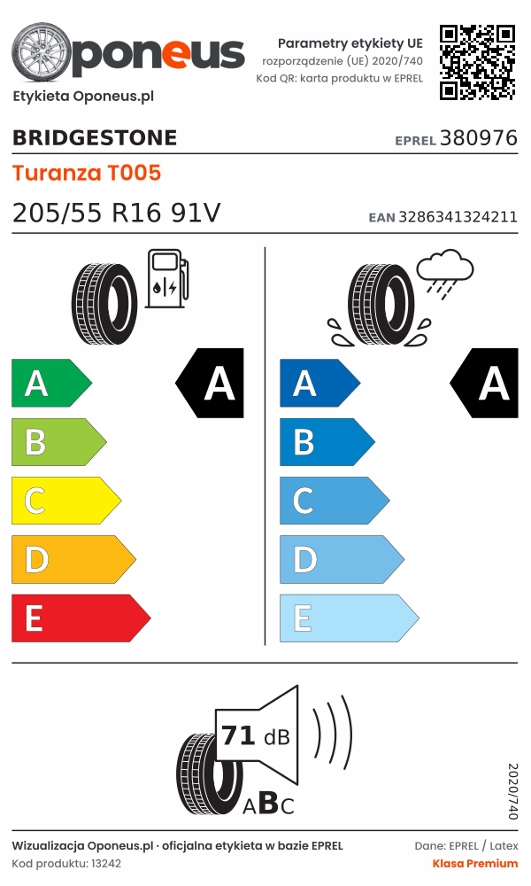 Parametry etykiety UE opony Bridgestone Turanza T005 205/55 R16 91V: efektywność paliwowa A, przyczepność na mokrej nawierzchni A, hałas 71 dB (klasa B)