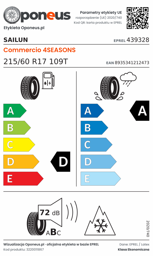 Parametry etykiety UE opony Sailun Commercio 4SEASONS 215/60 R17 109T: efektywność paliwowa D, przyczepność na mokrej nawierzchni A, hałas 72 dB (klasa B), 3PMSF