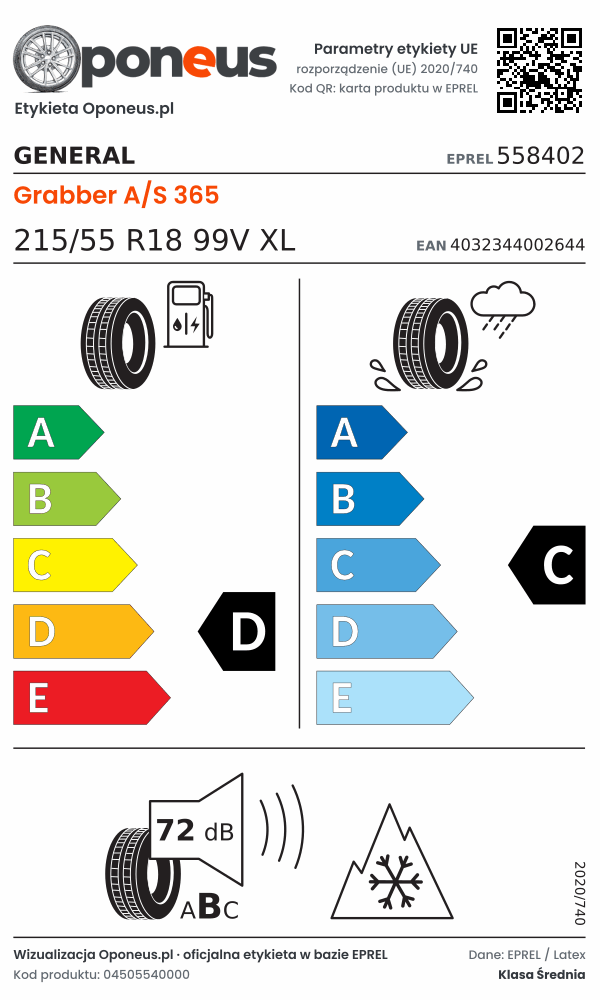 Parametry etykiety UE opony General Grabber A/S 365 215/55 R18 99V XL: efektywność paliwowa D, przyczepność na mokrej nawierzchni C, hałas 72 dB (klasa B), 3PMSF