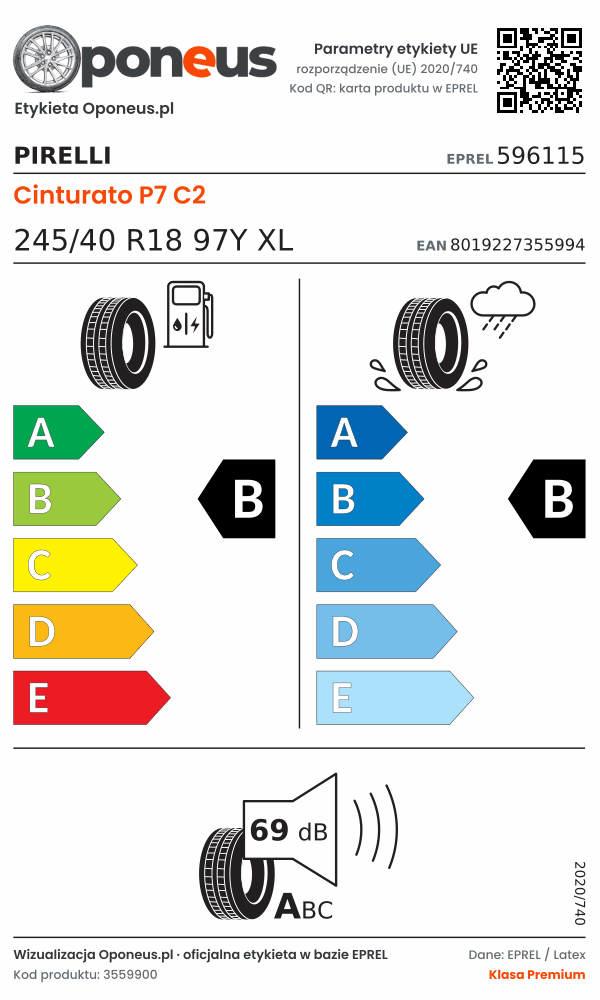 Parametry etykiety UE opony Pirelli Cinturato P7 C2 245/40 R18 97Y XL: efektywność paliwowa B, przyczepność na mokrej nawierzchni B, hałas 69 dB (klasa A)