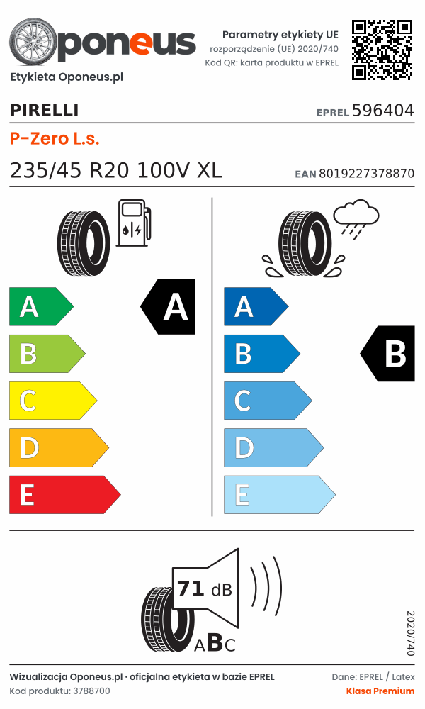 Parametry etykiety UE opony Pirelli P-Zero L.s. 235/45 R20 100V XL: efektywność paliwowa A, przyczepność na mokrej nawierzchni B, hałas 71 dB (klasa B)