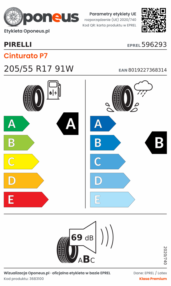 Parametry etykiety UE opony Pirelli Cinturato P7 205/55 R17 91W: efektywność paliwowa A, przyczepność na mokrej nawierzchni B, hałas 69 dB (klasa B)