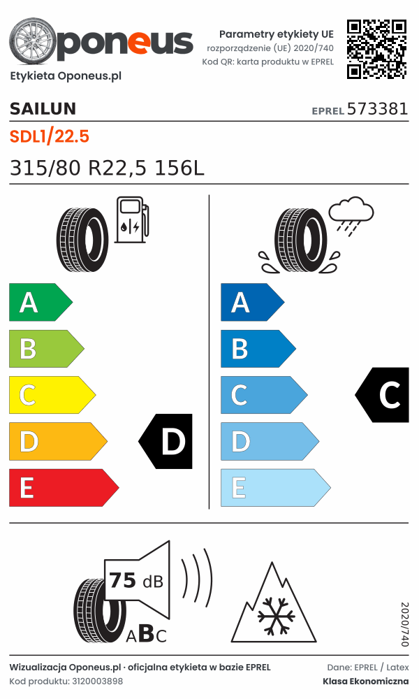 Parametry etykiety UE opony Sailun SDL1/22.5 315/80 R22,5 156L: efektywność paliwowa D, przyczepność na mokrej nawierzchni C, hałas 75 dB (klasa B), 3PMSF