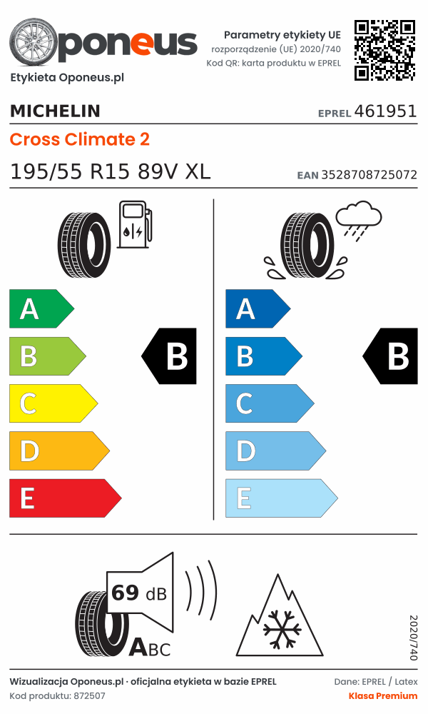 Parametry etykiety UE opony Michelin Cross Climate 2 195/55 R15 89V XL: efektywność paliwowa B, przyczepność na mokrej nawierzchni B, hałas 69 dB (klasa A), 3PMSF
