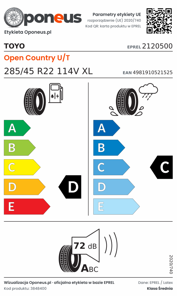 Parametry etykiety UE opony Toyo Open Country U/T 285/45 R22 114V XL: efektywność paliwowa D, przyczepność na mokrej nawierzchni C, hałas 72 dB (klasa A)