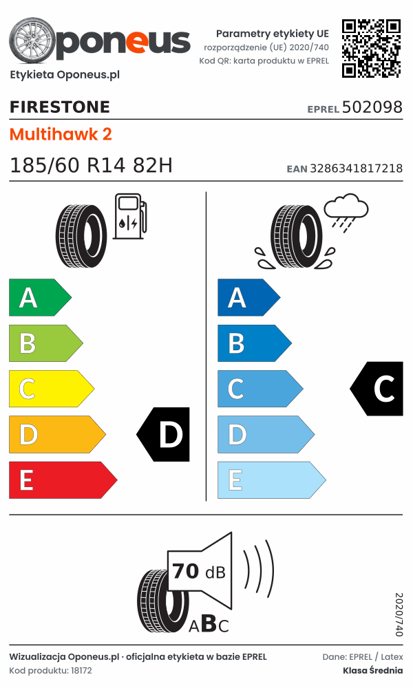 Parametry etykiety UE opony Firestone Multihawk 2 185/60 R14 82H: efektywność paliwowa D, przyczepność na mokrej nawierzchni C, hałas 70 dB (klasa B)
