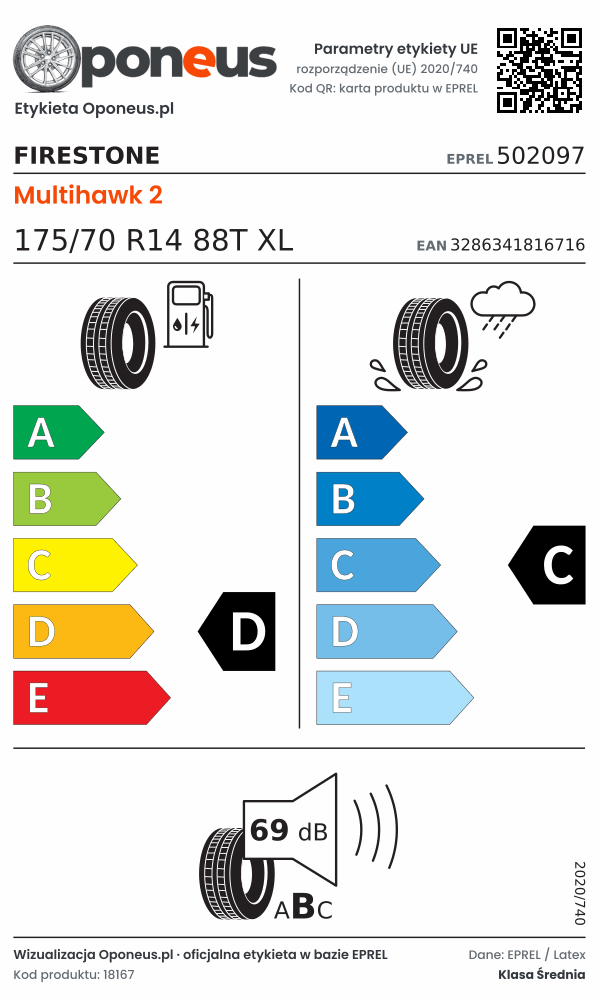 Parametry etykiety UE opony Firestone Multihawk 2 175/70 R14 88T XL: efektywność paliwowa D, przyczepność na mokrej nawierzchni C, hałas 69 dB (klasa B)