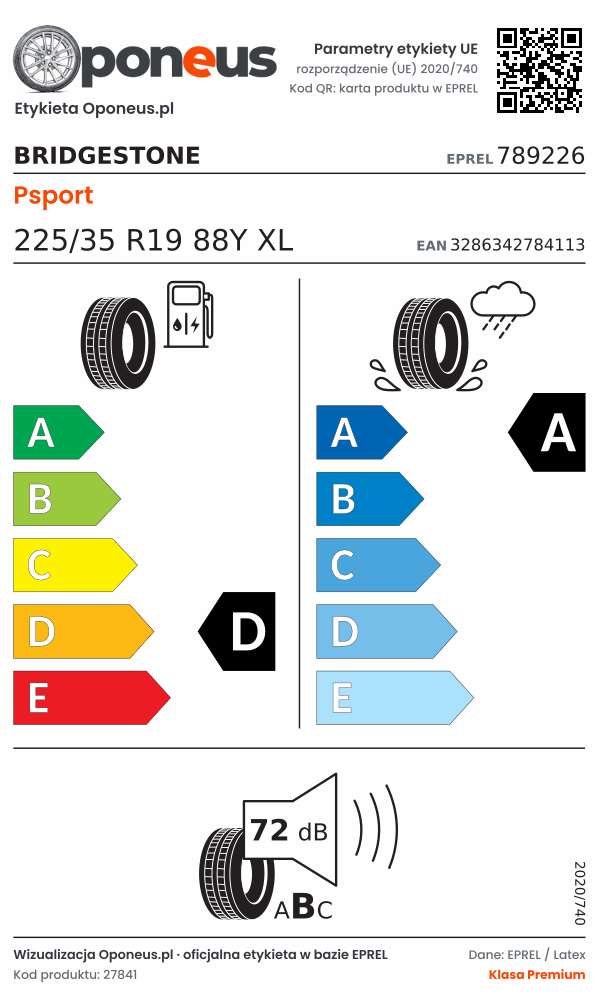 Parametry etykiety UE opony Bridgestone Psport 225/35 R19 88Y XL: efektywność paliwowa D, przyczepność na mokrej nawierzchni A, hałas 72 dB (klasa B)