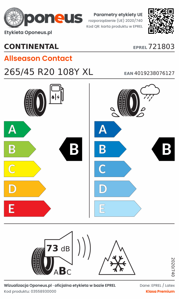 Parametry etykiety UE opony Continental Allseason Contact 265/45 R20 108Y XL: efektywność paliwowa B, przyczepność na mokrej nawierzchni B, hałas 73 dB (klasa B), 3PMSF