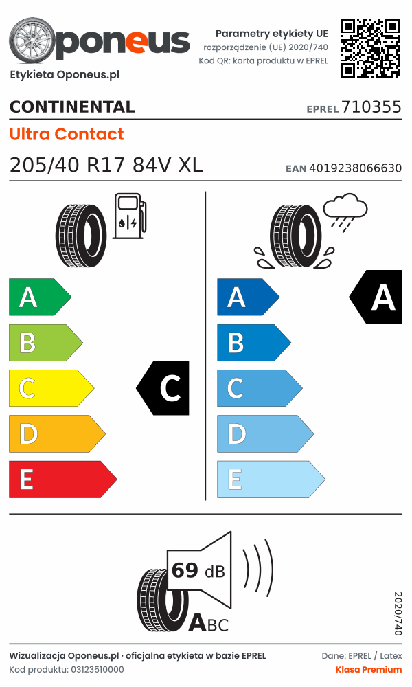 Parametry etykiety UE opony Continental Ultra Contact 205/40 R17 84V XL: efektywność paliwowa C, przyczepność na mokrej nawierzchni A, hałas 69 dB (klasa A)