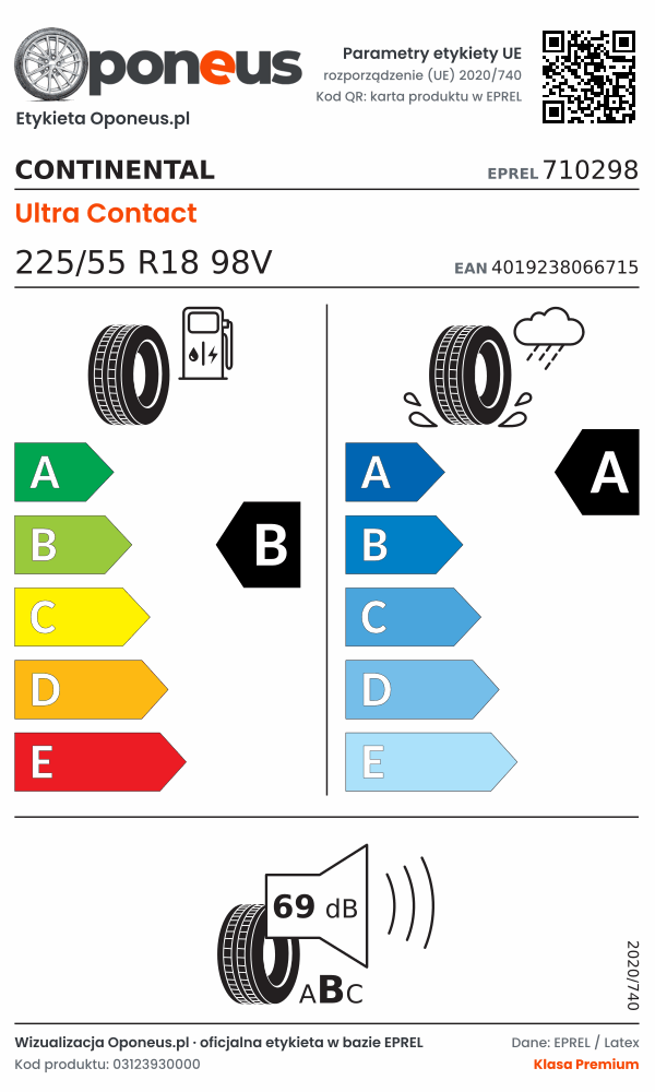 Parametry etykiety UE opony Continental Ultra Contact 225/55 R18 98V: efektywność paliwowa B, przyczepność na mokrej nawierzchni A, hałas 69 dB (klasa B)